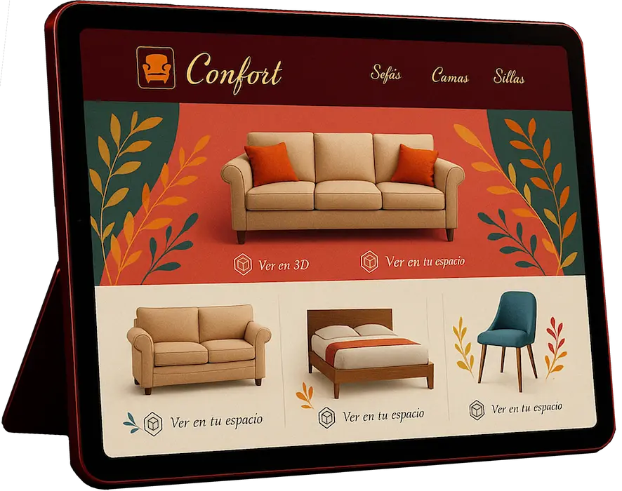Tablet con tienda de muebles con experiencias de realizad aumentada y visualizaciones 3D de sofas, camas y sillas